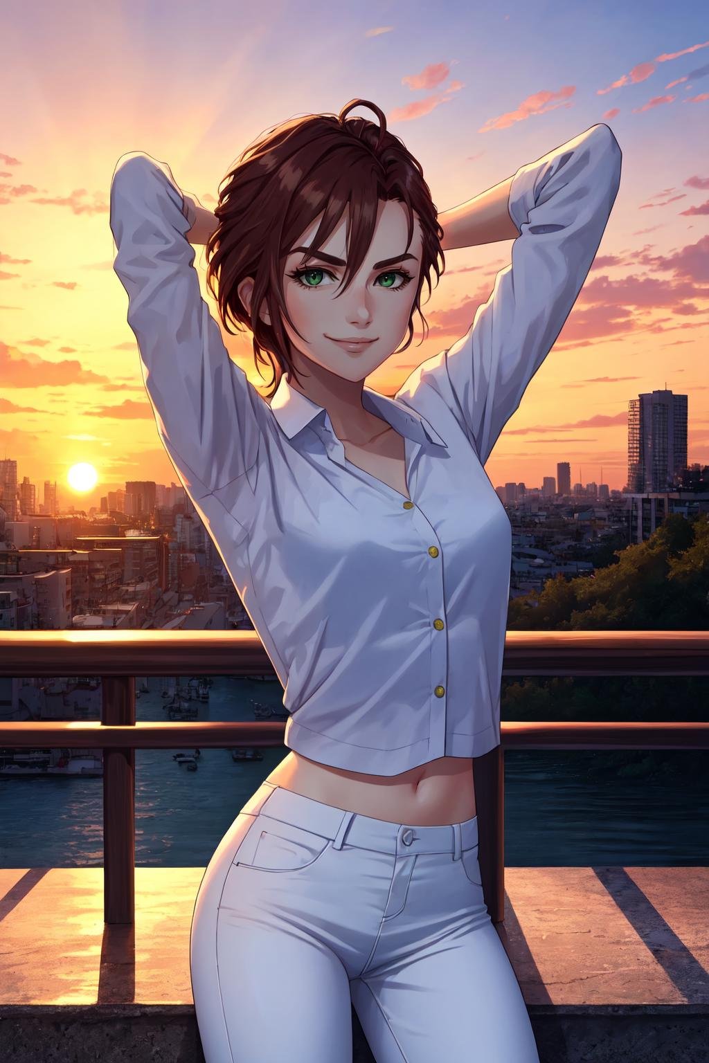 (masterpiece, best quality), outdoors, sunset, 1girl, solo, KibaManamiManityro, green eyes, <lora:KibaManami_V1-Manityro-dadapt:1>, toned, looking at viewer, smirk, stretching, white shirt, blue pants