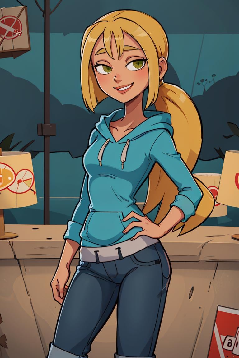 ((masterpiece,best quality)), absurdres,<lora:Bridgette_Total_Drama:0.7>, Bridgette_Total_Drama, denim, hoodie, solo, smiling, looking at viewer, cowboy shot, cinematic composition, contrapposto