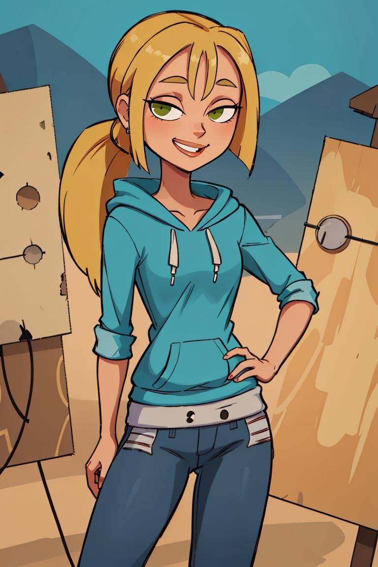 ((masterpiece,best quality)), absurdres,<lora:Bridgette_Total_Drama:0.7>, Bridgette_Total_Drama, denim, hoodie, solo, smiling, looking at viewer, cowboy shot, cinematic composition, contrapposto