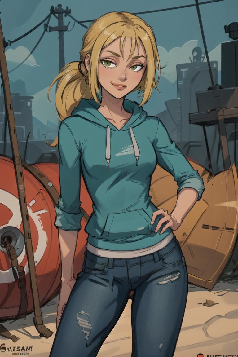 ((masterpiece,best quality)), absurdres,<lora:Bridgette_Total_Drama:0.7>, Bridgette_Total_Drama, denim, hoodie, solo, smiling, looking at viewer, cowboy shot, cinematic composition, contrapposto