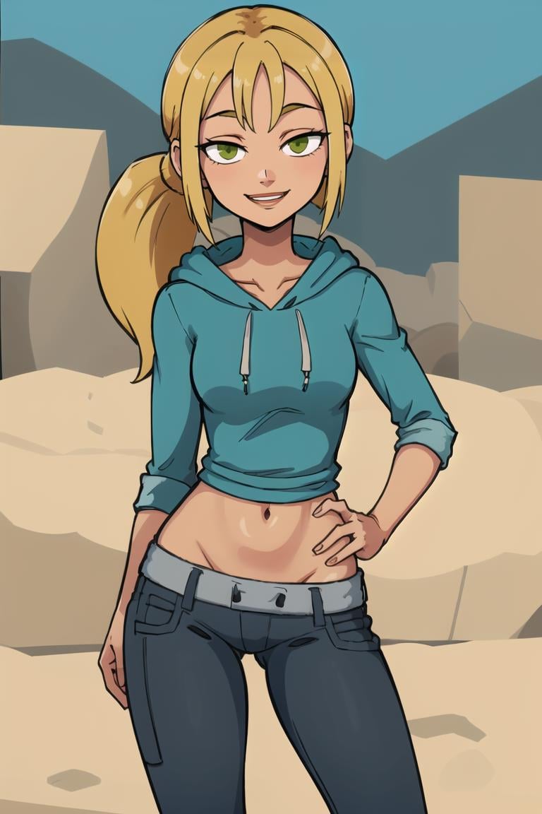 ((masterpiece,best quality)), absurdres,<lora:Bridgette_Total_Drama:0.7>, Bridgette_Total_Drama, denim, hoodie, solo, smiling, looking at viewer, cowboy shot, cinematic composition, contrapposto