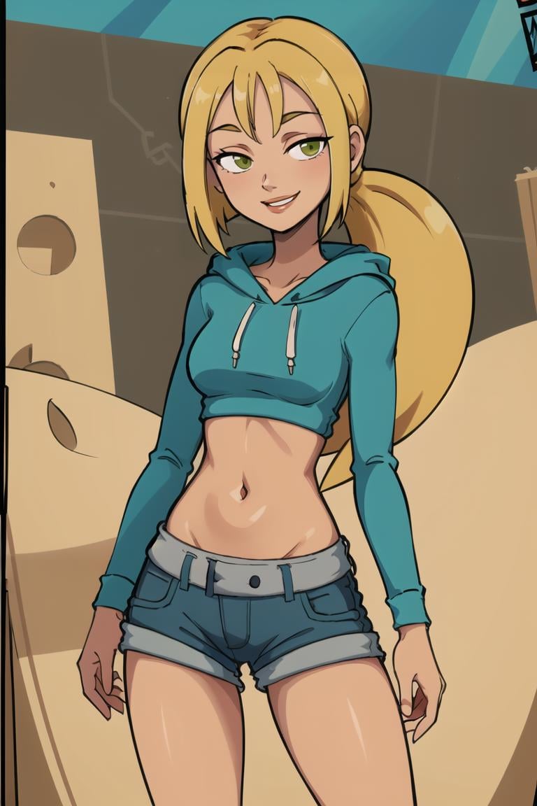 ((masterpiece,best quality)), absurdres,<lora:Bridgette_Total_Drama:0.7>, Bridgette_Total_Drama, denim shorts, hoodie, solo, smiling, looking at viewer, cowboy shot, cinematic composition, contrapposto