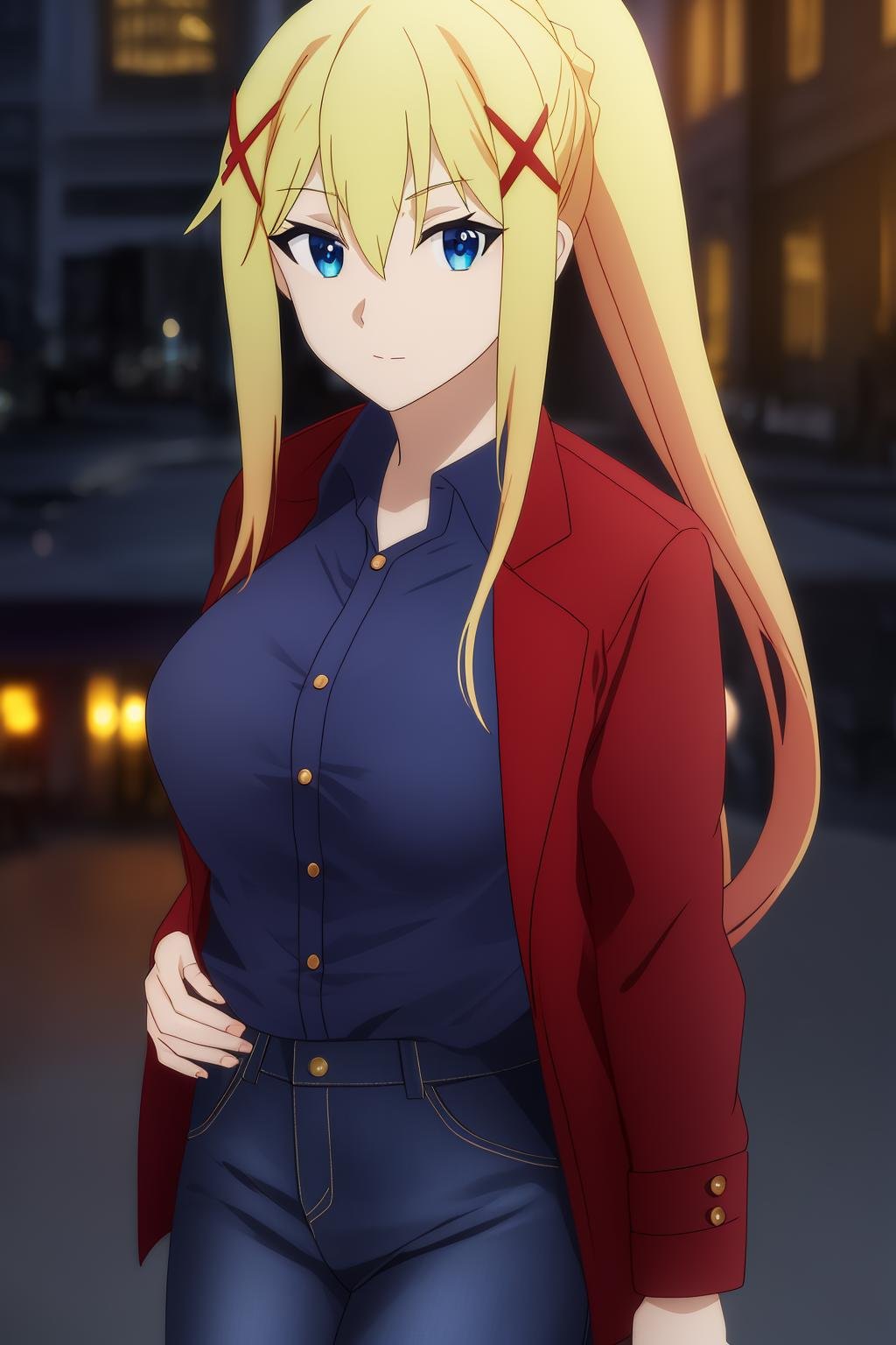 darkness, 1girl, solo, long_hair, breasts, looking_at_viewer, bangs, blue_eyes, blonde_hair, hair_between_eyes, closed_mouth, ponytail, sidelocks, x_hair_ornament, blue_shirt, red_jacket, blue_jeans, city