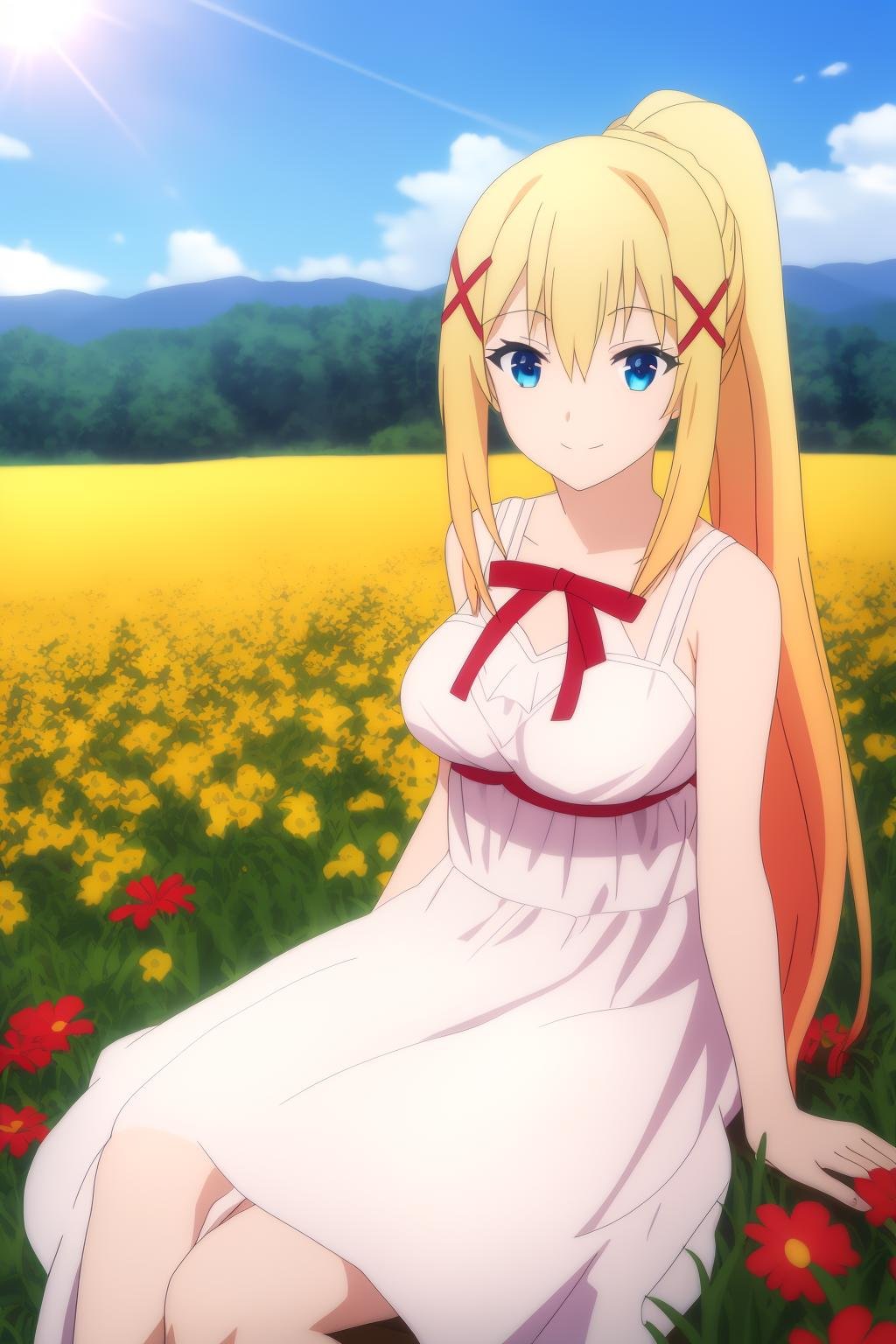 darkness, 1girl, solo, long_hair, breasts, looking_at_viewer, bangs, blue_eyes, blonde_hair, ribbon, hair_between_eyes, closed_mouth, ponytail, sidelocks, x_hair_ornament, sitting, flower_field , outdoor, smile, summer_dress, white_dress