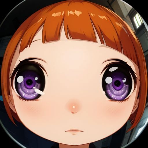 close up,chibi,female,orange bobcut, ponytails,purple eye,closed mouth,fisheye, <lora:ParodyCloseUp-lbw:1>