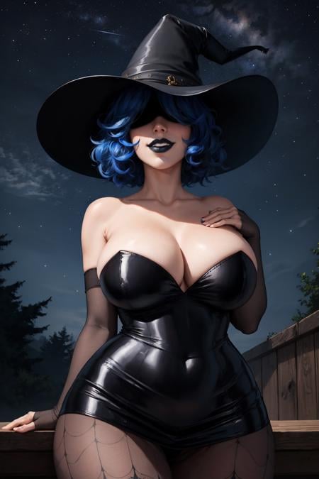 masterpiece, best quality, <lora:decordelia-nvwls-v1-000009:0.9> deCordelia, witch hat, covered eyes, strapless dress, pantyhose, elbow gloves, huge breasts, cowboy shot, contrapposto, looking at viewer, from below, smirk, black lipstick, night sky