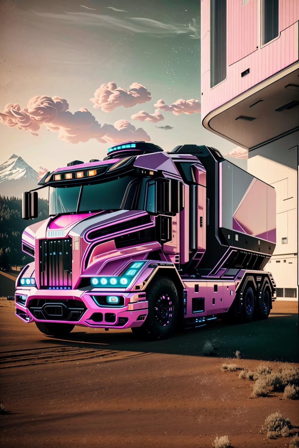 <lora:futruk_v2:1>masterpiece, highly detailed photorealistic 8k raw photo, best cinematic quality, volumetric lighting and shadowsSweet Pink futruk, ground vehicle, monochrome, motor vehicle, outdoors, scenery, truck, window, futuristic science fiction(bathroom background:1.2)