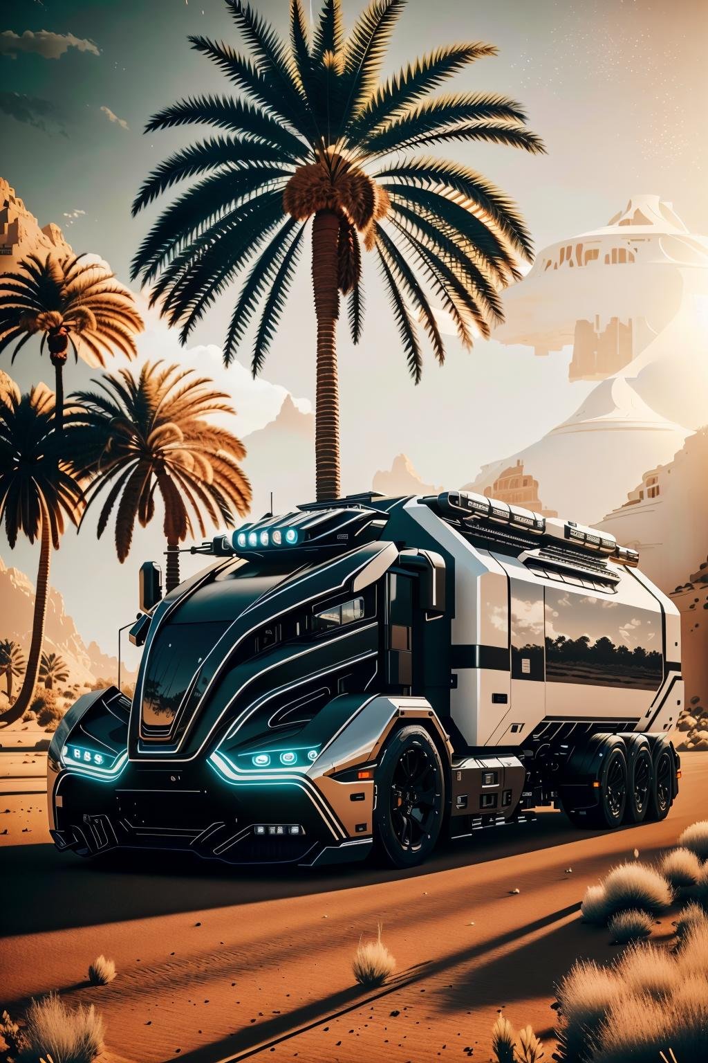 <lora:futruk_v2:1>masterpiece, highly detailed photorealistic 8k raw photo, best cinematic quality, volumetric lighting and shadowsfutruk, ground vehicle, monochrome, motor vehicle, outdoors, palm tree, scenery, truck, window, futuristic science fiction(__All/backcground__ background:1.2)