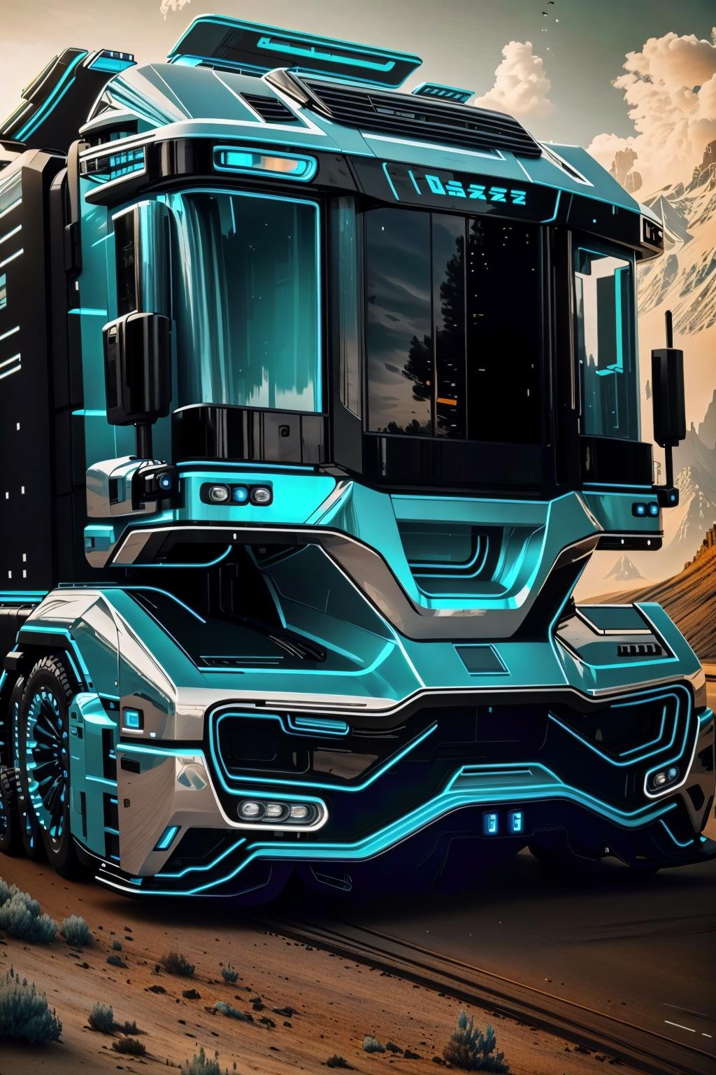 <lora:futruk_v2:1>masterpiece, highly detailed photorealistic 8k raw photo, best cinematic quality, volumetric lighting and shadowsPastel Blue futruk, ground vehicle, monochrome, motor vehicle, outdoors, scenery, truck, window, futuristic science fiction(ship background:1.2)