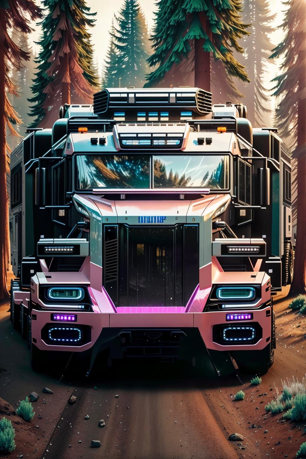 <lora:futruk_v2:1>masterpiece, highly detailed photorealistic 8k raw photo, best cinematic quality, volumetric lighting and shadowsLip Pink futruk, ground vehicle, monochrome, motor vehicle, outdoors, scenery, truck, window, futuristic science fiction(forest background:1.2)