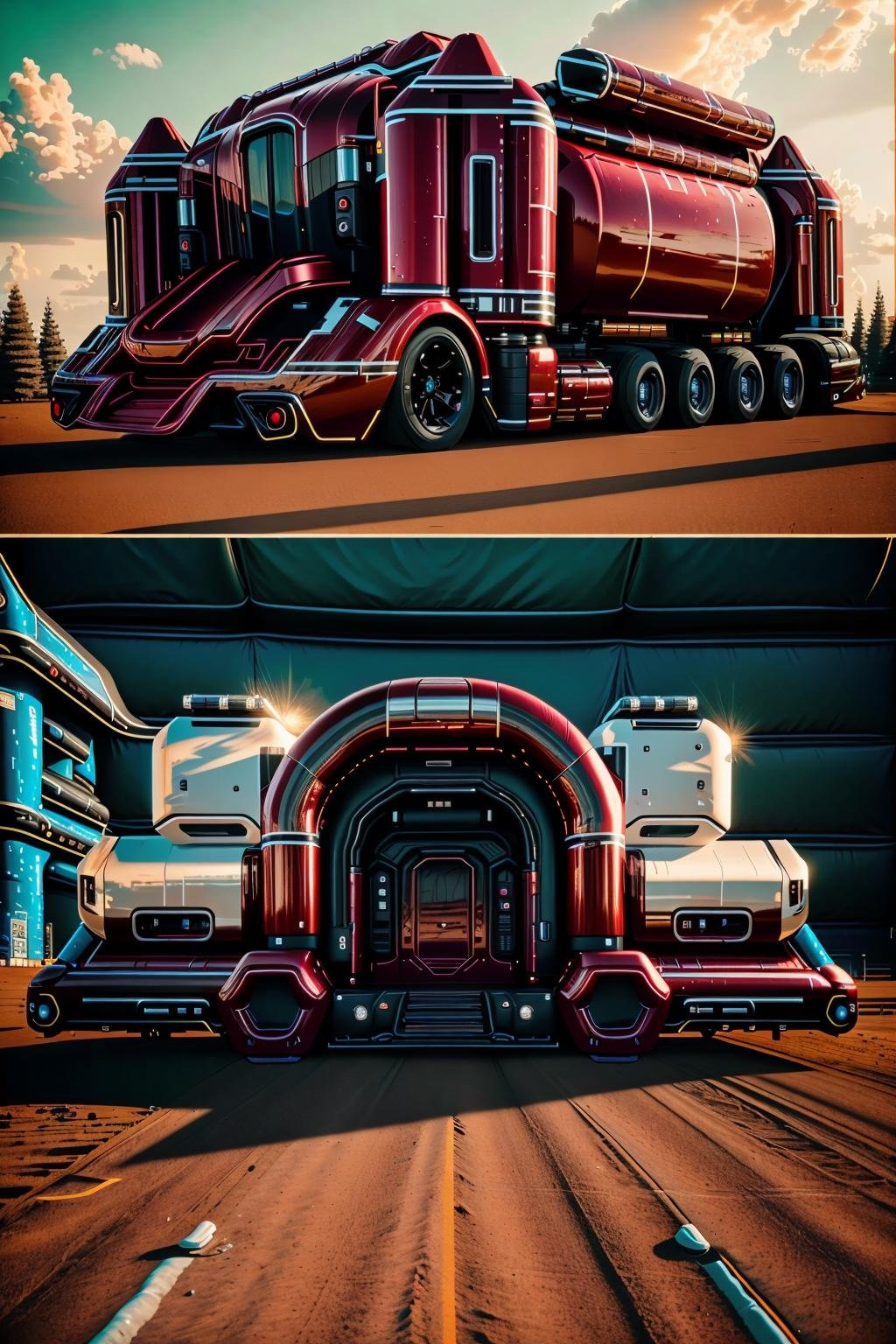 <lora:futruk_v2:1>masterpiece, highly detailed photorealistic 8k raw photo, best cinematic quality, volumetric lighting and shadowsOxblood Red futruk, ground vehicle, monochrome, motor vehicle, outdoors, scenery, truck, window, futuristic science fiction(bouncy castle background:1.2)