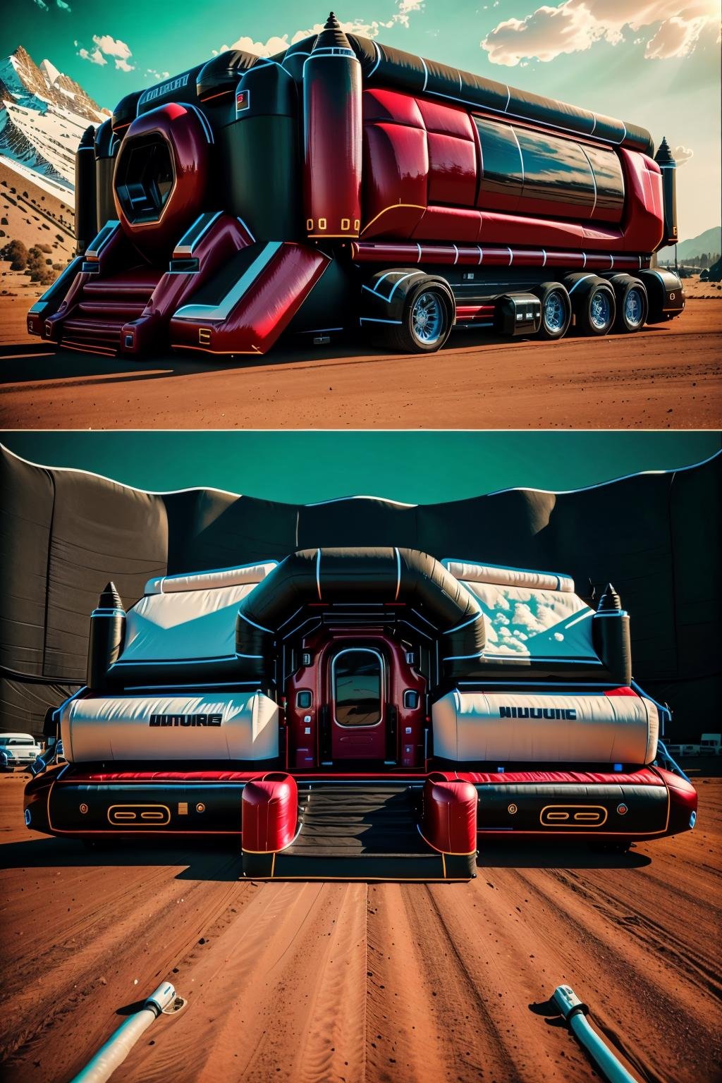 <lora:futruk_v2:1>masterpiece, highly detailed photorealistic 8k raw photo, best cinematic quality, volumetric lighting and shadowsOxblood Red futruk, ground vehicle, monochrome, motor vehicle, outdoors, scenery, truck, window, futuristic science fiction, low-angle shot(bouncy castle background:1.2)