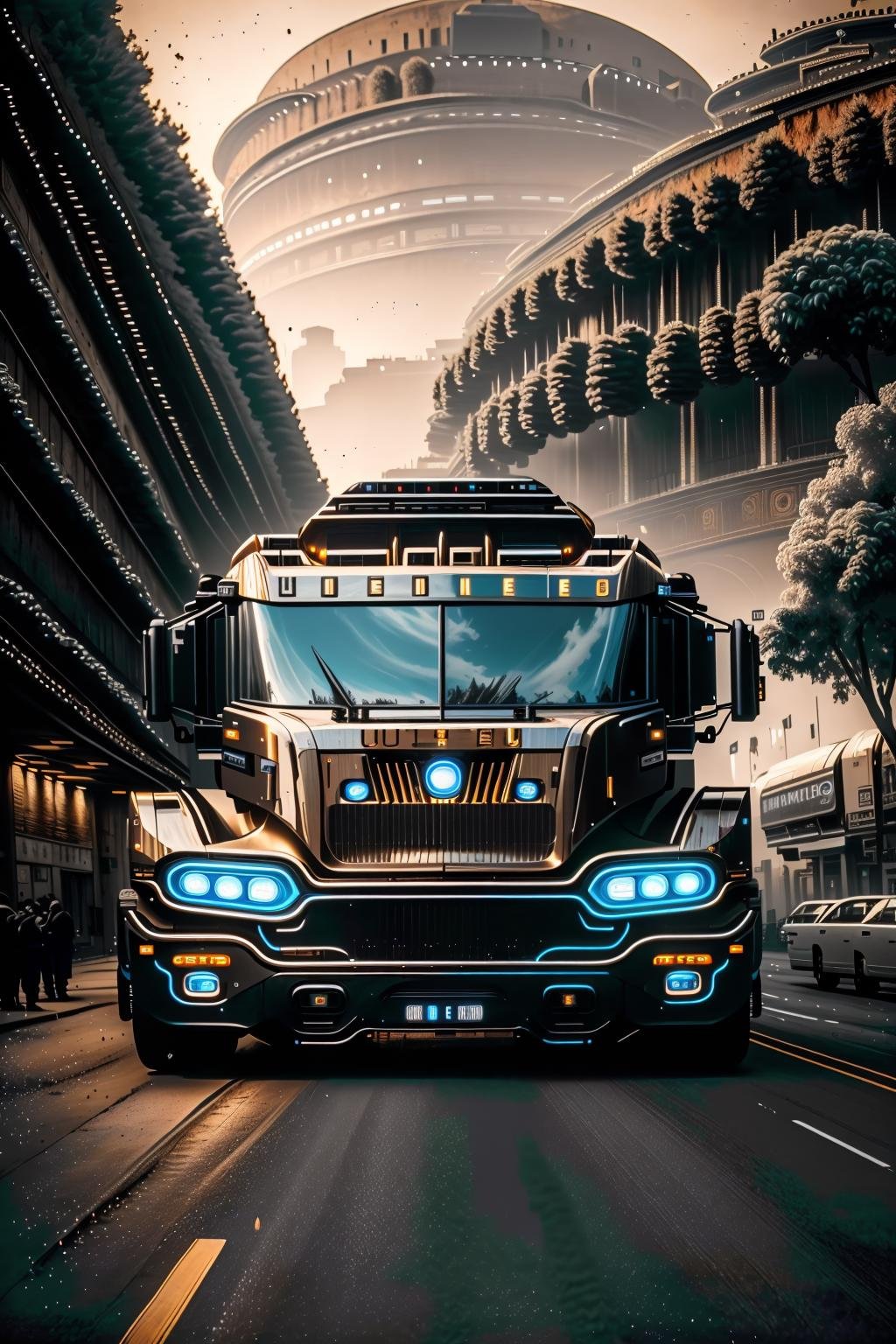 <lora:futruk_v2:1>masterpiece, highly detailed photorealistic 8k raw photo, best cinematic quality, volumetric lighting and shadowsRich Brown futruk, ground vehicle, monochrome, motor vehicle, outdoors, scenery, truck, window, futuristic science fiction(colosseum background:1.2)