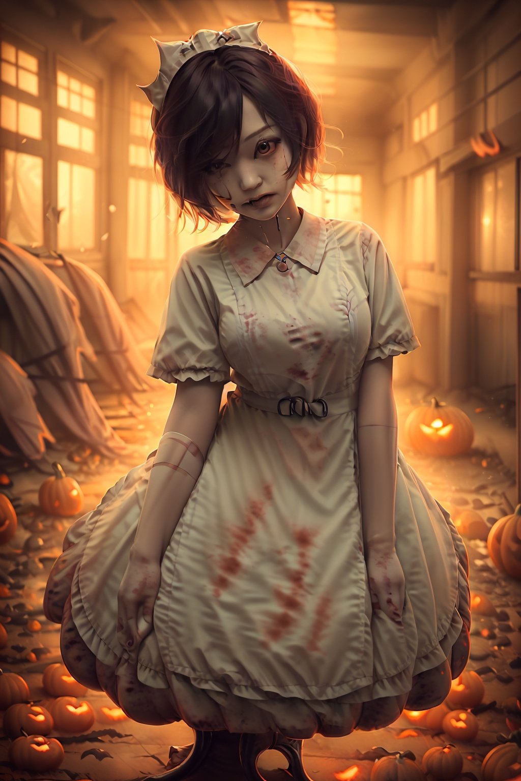 1girl,<lora:hushi:0.7>,plump,(((happy_halloween))),highres,swirl,wide_shot,cowboy_shot,evil smile,wallpaper,photo_(medium),reality,short hair,multicolored hair,((lotus_position)),