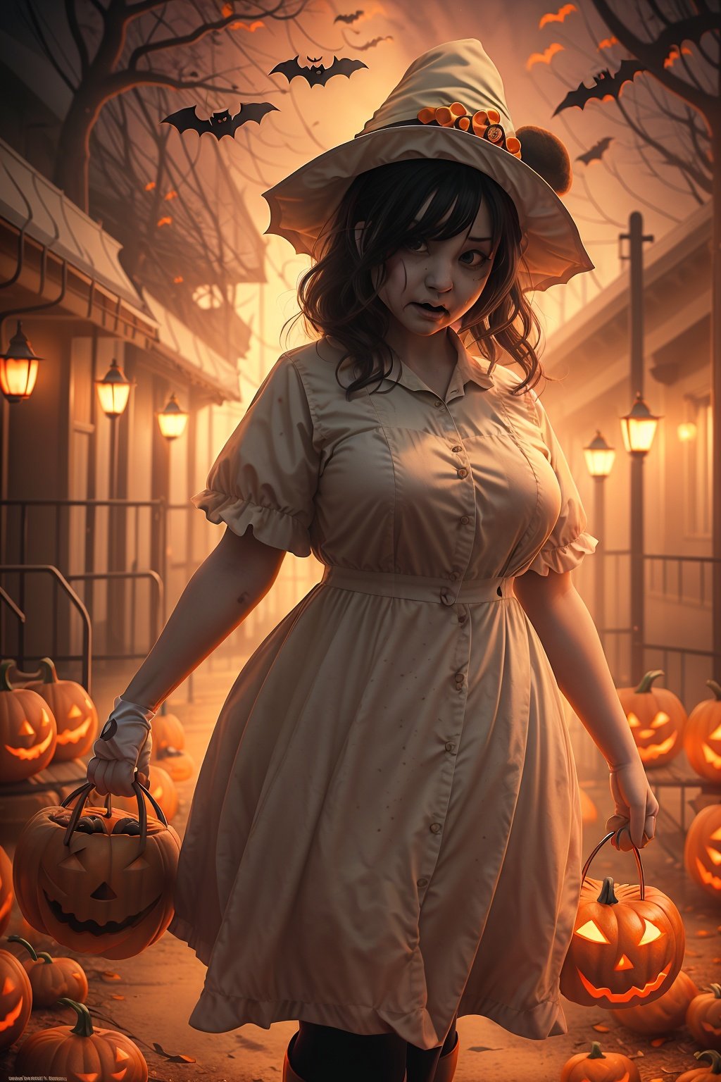 1girl,plump,(((happy_halloween))),highres,wide_shot,cowboy_shot,wallpaper,photo_(medium),reality,<lora:hushi:0.5>,(((Disney_land))),