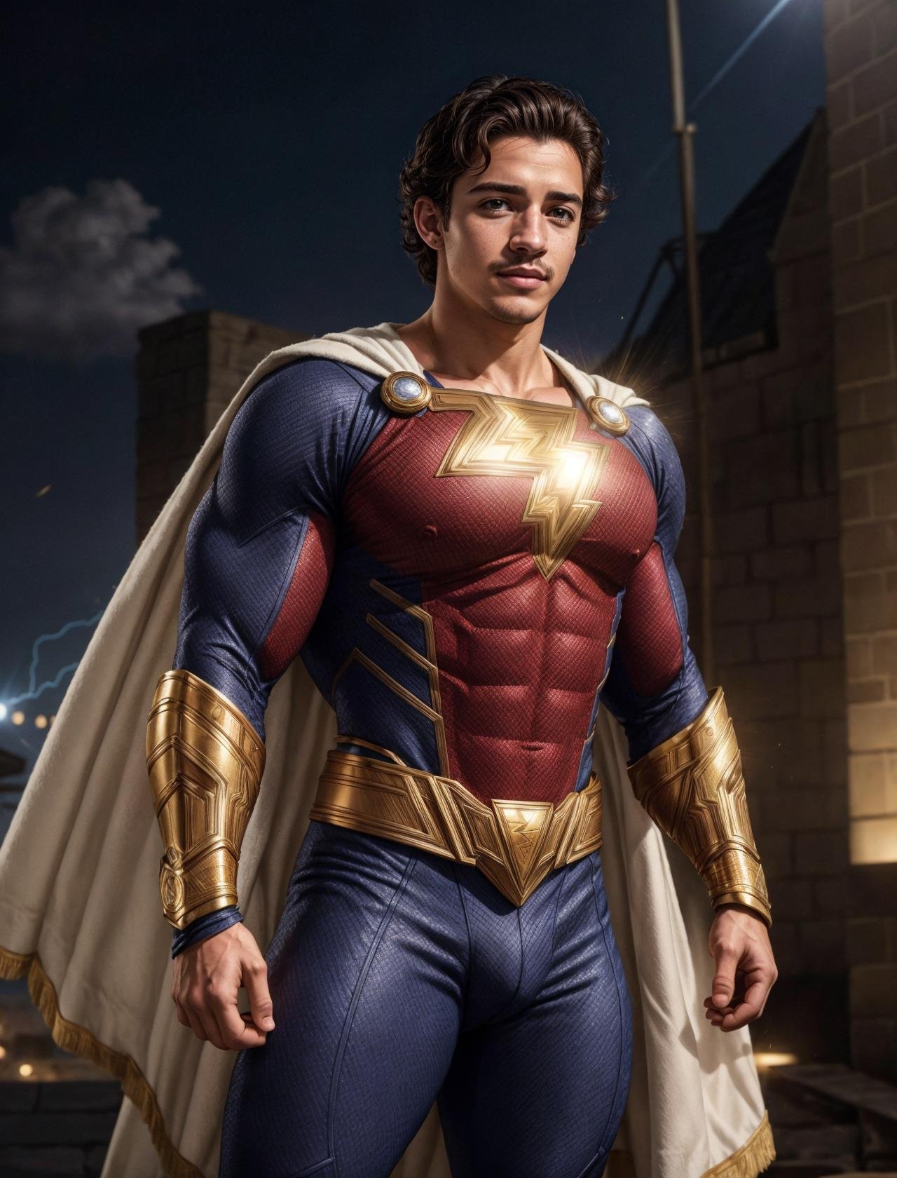 (GS-Masculine:1), (1boy), hero pose, tan glowing skin, freckles, depth of field, dynamic angles, <lora:more_details:0.5>, <lora:Shazamsuit_Lora_v1:0.3>, shazamsuit, cape, golden gauntlets boots, electricity power flowing through his body, unbridled strength and power ready to be released, matty healy, robert sheehan, timothee chalamet, jon bellion, josh hutcherson, pedro pasca, brenton thwaites, dacre montgomery, miles teller, rami malek, mena massoud, avan jogia, freddie stroma, sam claflin, taron egerton, joe keery, harry styles, orlando bloom, arnold schwarzenegger