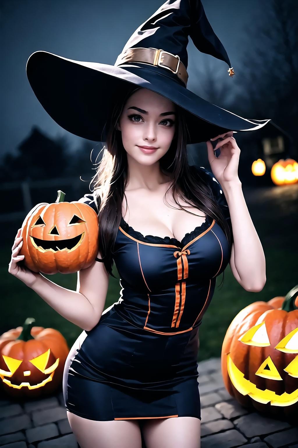 masterpiece, best quality, incrshlwn, <lora:Halloween:1>, witch hat, halloween, halloween costume, night sky, cowboy shot, dress, thighhighs, (photorealistic:1.5), (RAW photo, 8k uhd, film grain), beautiful tkd_woman, perfect tkd_face, perfect tkd_body, <lora:Doll_Turkish:0.75>, leaning forward, smile, large breasts, 