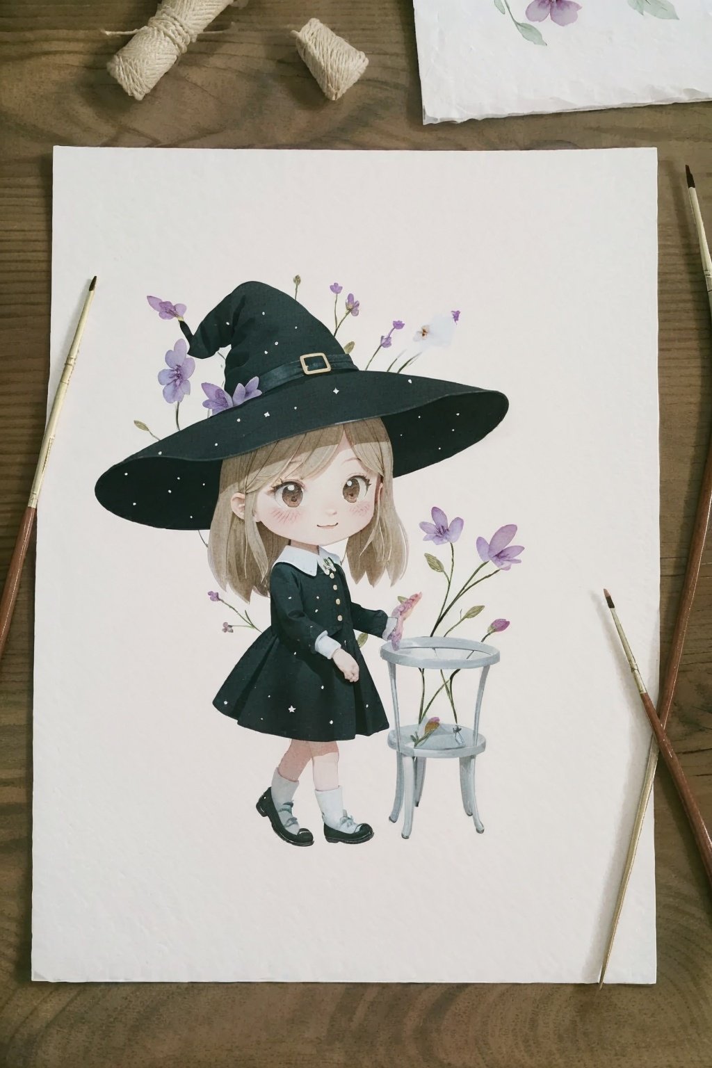 <lora:layout01_v1:1> shouzhang, layout, multimedium, no humans, still life, real flowers on desk, on the paper is a cute little witch draw in the style of watercolor sketch, cartoon, chibi, shot from side, <lora:watercolor_flower:0.2>,