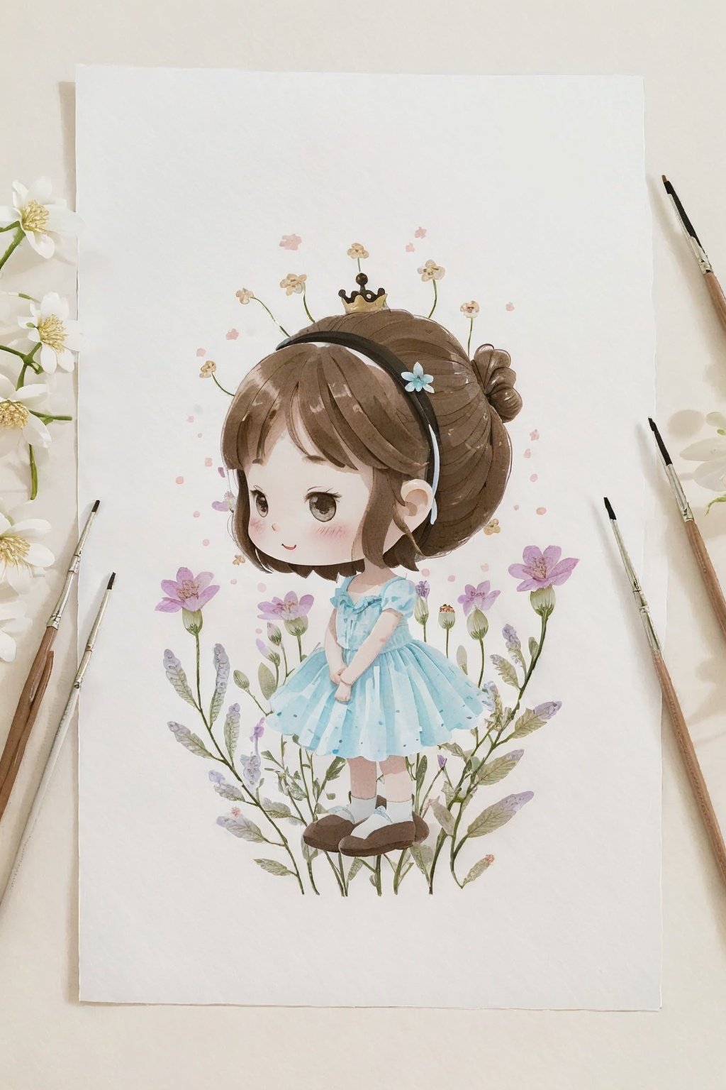 <lora:layout01_v1:1> shouzhang, layout, multimedium, no humans, still life, real flowers on desk, on the paper is a cute little princess draw in the style of watercolor sketch, cartoon, chibi, shot from side, <lora:watercolor_flower:0.3>,