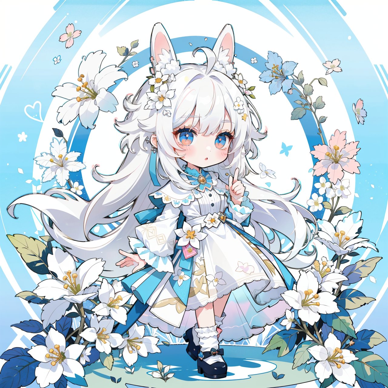 (masterpiece, best quality, highres:1.3), ultra resolution image, (1girl), (solo), kawaii, white hair, long hair, white dress, wonderland, bunny, sunlight, flowers, colorful, hold white flowers, dreamy,genshin impact,chibi