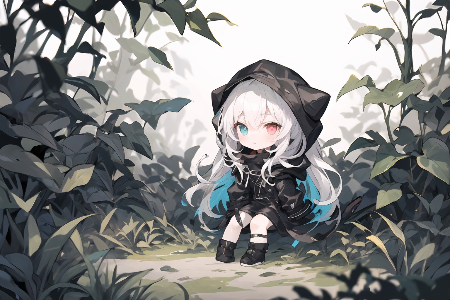 A girl with colorful eyes, heterochromatic, pale skin, long white hair with bangs, wearing a hood on her head, black leather coat, sitting on the forest floor, dim lighting linear.,chibi