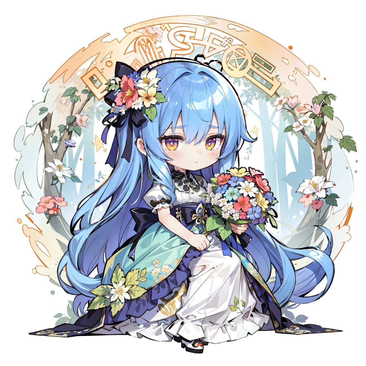 (masterpiece, best quality, highres:1.3), ultra resolution image, The painting showcases a woman in a flowing dress holding a bouquet of flowers and a basket of fruits. The artwork is done in the vibrant and colorful Alphonse Mucha style, with intricate patterns and floral motifs,chibi