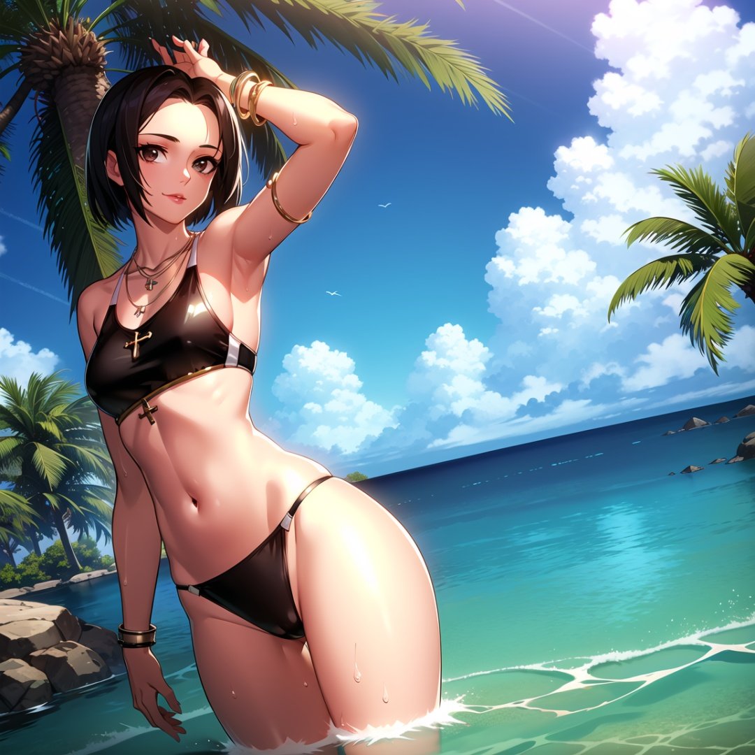 fpriest, 1girl, breasts, palm tree, solo, behind back, day, outdoors, tree, short hair, jewelry, water, wet, sky, medium breasts, cloud, navel, armpits, necklace, wading, looking at viewer, arm up, brown eyes, , bracelet, contrapposto, standing, smile, blue sky, brown hair, black hair,cowboy shot, ocean, lips, closed mouth, hand on own head, pendant,  bangs,swimsuit,  <lora:fpriest_DNF4:0.9>