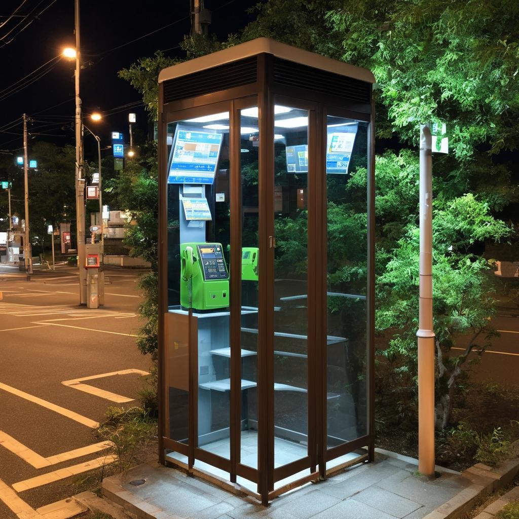 best quality, ultra-detailed, illustration,telephone box, scenery, night, tree, sky, lamppost, outdoors, night sky, plant, building, sign, fence, road, bush, dark, realistic, photo background, japan<lora:Japan_Payphone_SDXL_V2:1>