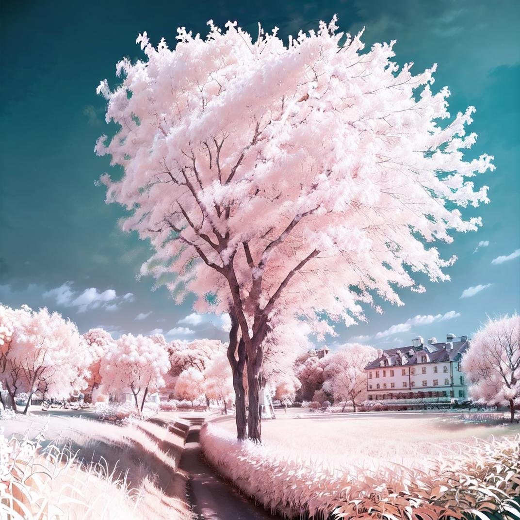 best quality, ultra-detailed, illustration,Infrared_photography, no humans, scenery, sky, outdoors, tree, blue sky, day, cloud, building<lora:Infrared_photography_SD15_V2:1>