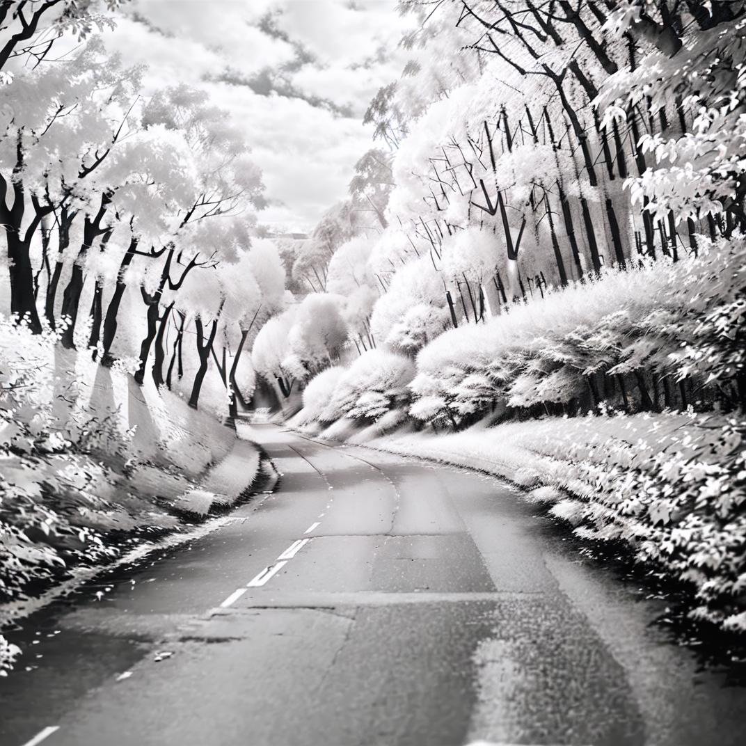 best quality, ultra-detailed, illustration,Infrared_photography, no humans, scenery, nature, tree, forest, outdoors, cloud, sky, reflection, cloudy sky, road, realistic, (greyscale, monochrome:1.4), <lora:Infrared_photography_SD15_V2:1>