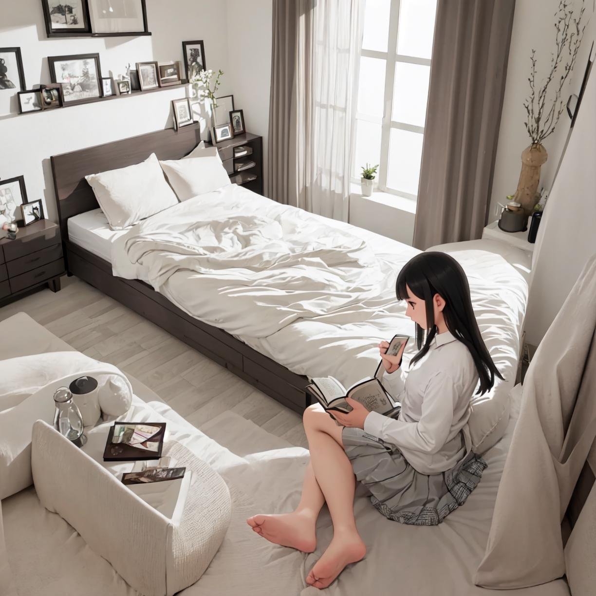 best quality, ultra-detailed, illustration, extremely intricate,JJROOM, scenery, 1girl, black hair, sitting, long hair, indoors, book, bed, skirt, pillow, curtains, window, holding, long sleeves, reading, shirt, realistic, solo, <lora:JAPAN_Scenery_Hitorikurashi_Joshi_no_Heya_SD15_V1:1>