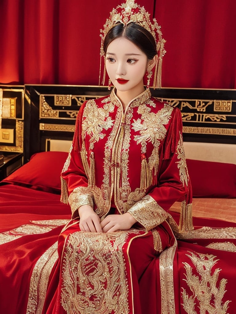  best quality,highly detailed,
a woman in a red and gold clothes, phoenix coronet,(sitting on red bed),blush,shy,black_hair, looking down,  earrings,  indoors, jewelry, long_sleeves, red lips, tassel, Red quilt,(red palace:1.2),