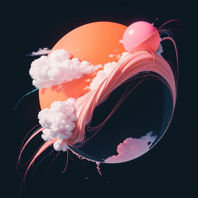  a orange soft pink sphere with clouds and tendrills over black background in the style of bb3l15