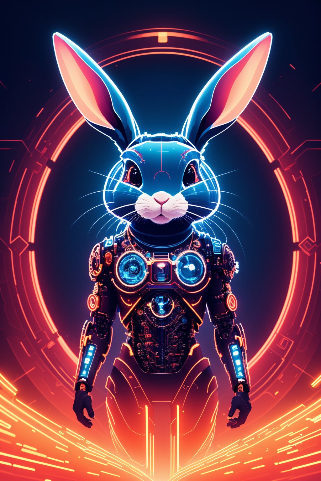 Create an (8K, high-definition resolution) vector illustration of a (male cyborg) in a (standing position). The composition should achieve (perfect centralization) with the character (Donnie's rabbit) by his side. The cyborg is (centered) and (facing the camera) with a gaze that signifies (nearing perfection). Yet, there's a sense of (sadness) and (despair) evident in his expression. The illustration should depict the cyborg's (full body) with his (hands on his head), conveying an (abstract beauty) in a (dynamic) and (highly detailed) style. The image should have (smooth) and (sharp focus) to capture intricate details, creating an impressive and emotionally charged piece of (illustration).