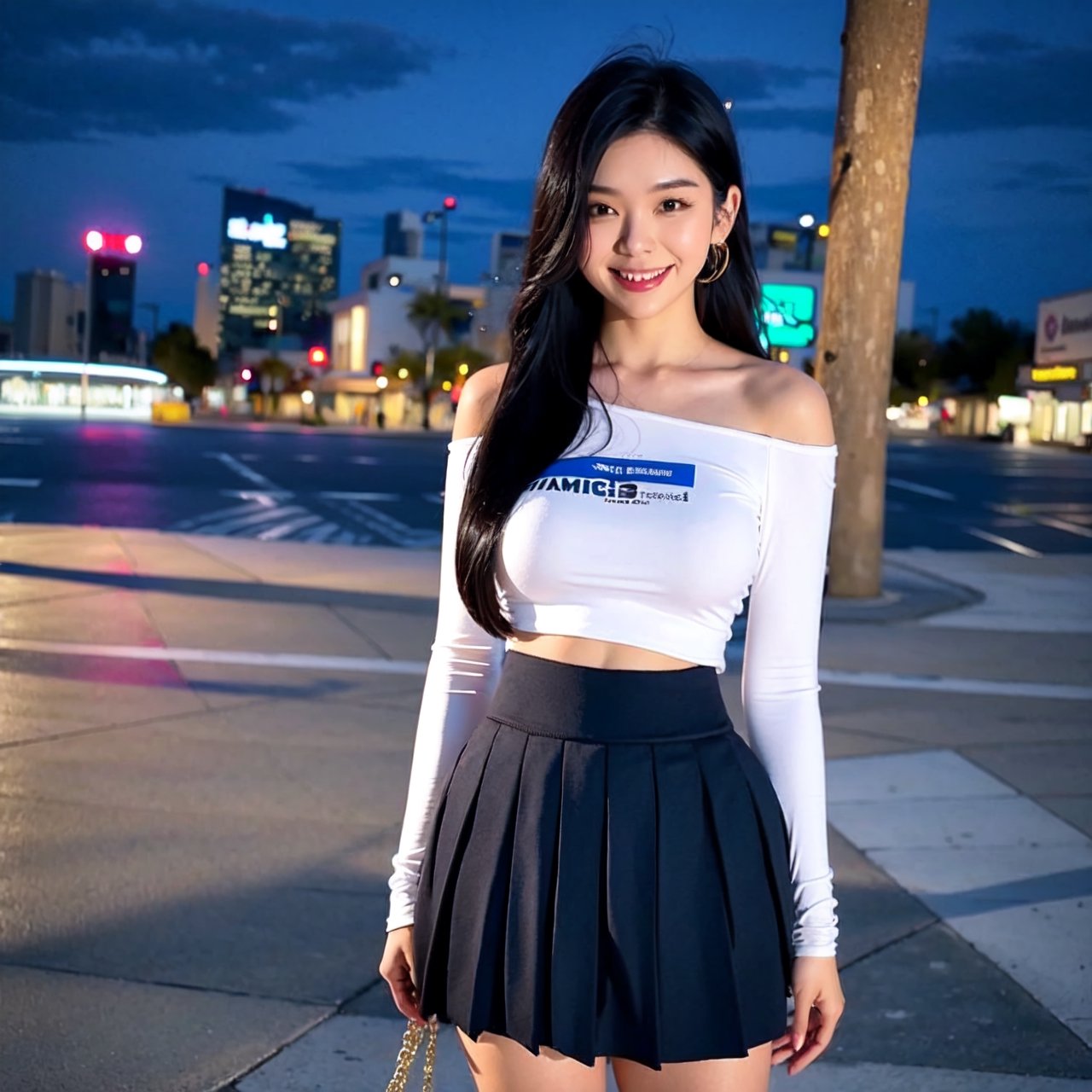 1girl, black_skirt, blue_hair, building, city, cityscape, hair_between_eyes, jacket, looking_at_viewer, medium_hair, multicolored_hair, multiple_boys, night, off_shoulder, outdoors, pleated_skirt, road, shirt, skirt, skyscraper, smile, solo_focus, street, white_shirt