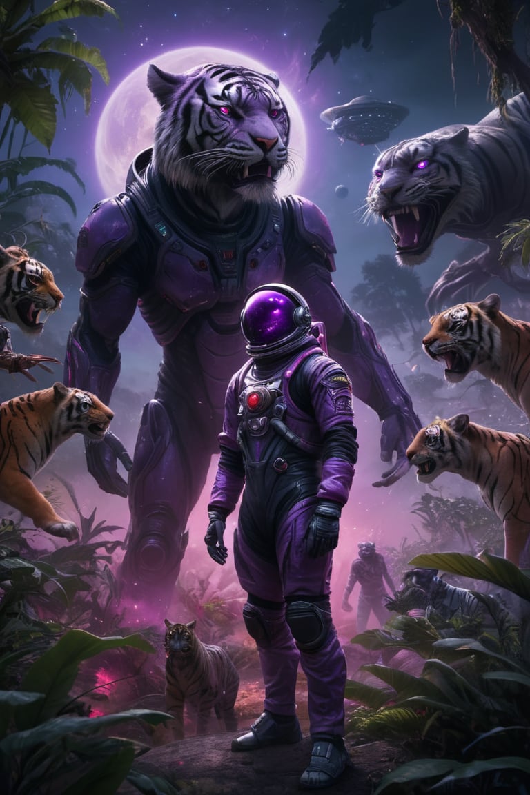 A lost but calm astronaut on a planet surrounded by monstrous scared aliens. and the planet dresses skies and landscapes in Black Purple , Neon red and Neon Silver colors,

















glowing eyed tigers, 3+ tigers, surrounded by tigers, in highly detailed jungle environment, 