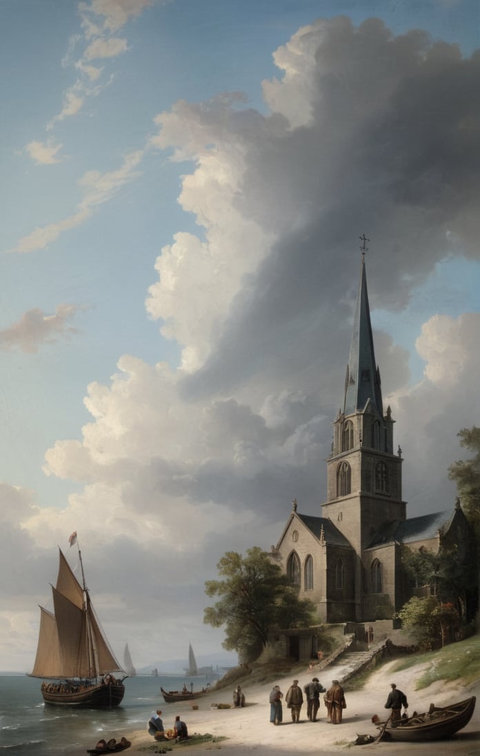 an landscape Abraham Pether painting of a partly cloudy sky over a seaside church with figures loading an 18th century sail boat, 