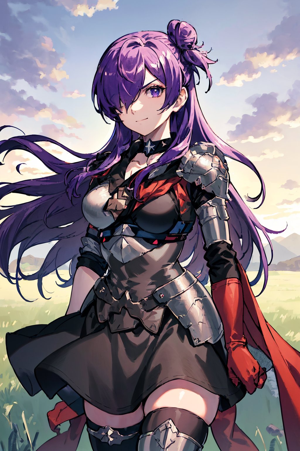 masterpiece, best quality, 1girl, shez, upper body, hair over one eye, choker, armor, cape, black dress, single glove, thighhighs, standing, upper body, large breasts, furrowed brow, smile, trees, clouds, sky, dusk sky