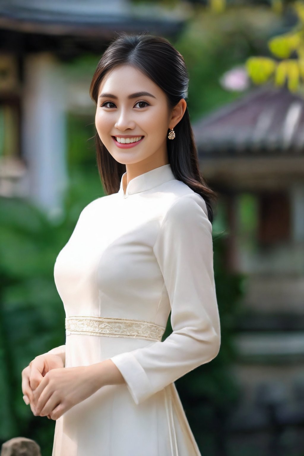 (Masterpiece, best quality, ultra realistic,32k, RAW photo, detail skin, 8k uhd, dslr, high quality, film grain:1.5),1girl, white ao dai, pants, long hair, looking at viewer, smile, black hair, long sleeves, dress, jewelry, standing, flower, earrings, outdoors, white dress, blurry, black eyes, blurry background, realistic, 16mm film live soft color