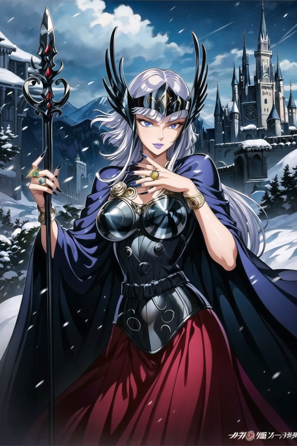 ((best quality)), ((highly detailed)), masterpiece, ((official art)), (cowboy shot), hilda, white hair, long hair, blue eyes, makeup, evil smile, lips, purple lips, lipstick,pose, sparkle, rose, polearm, staff, spear, blue rose,cape, armor, bracelet, (ring:1.2), glowing, ring, lipstick, long fingernails, purple nails, jewelry, long skirt, red skirt,dress, helmet,  valkyrie ,best quality, masterpiece, intricate details, scenary, outdoors, castle, ice, mountain, snow, falling_snow, trending on Artstation