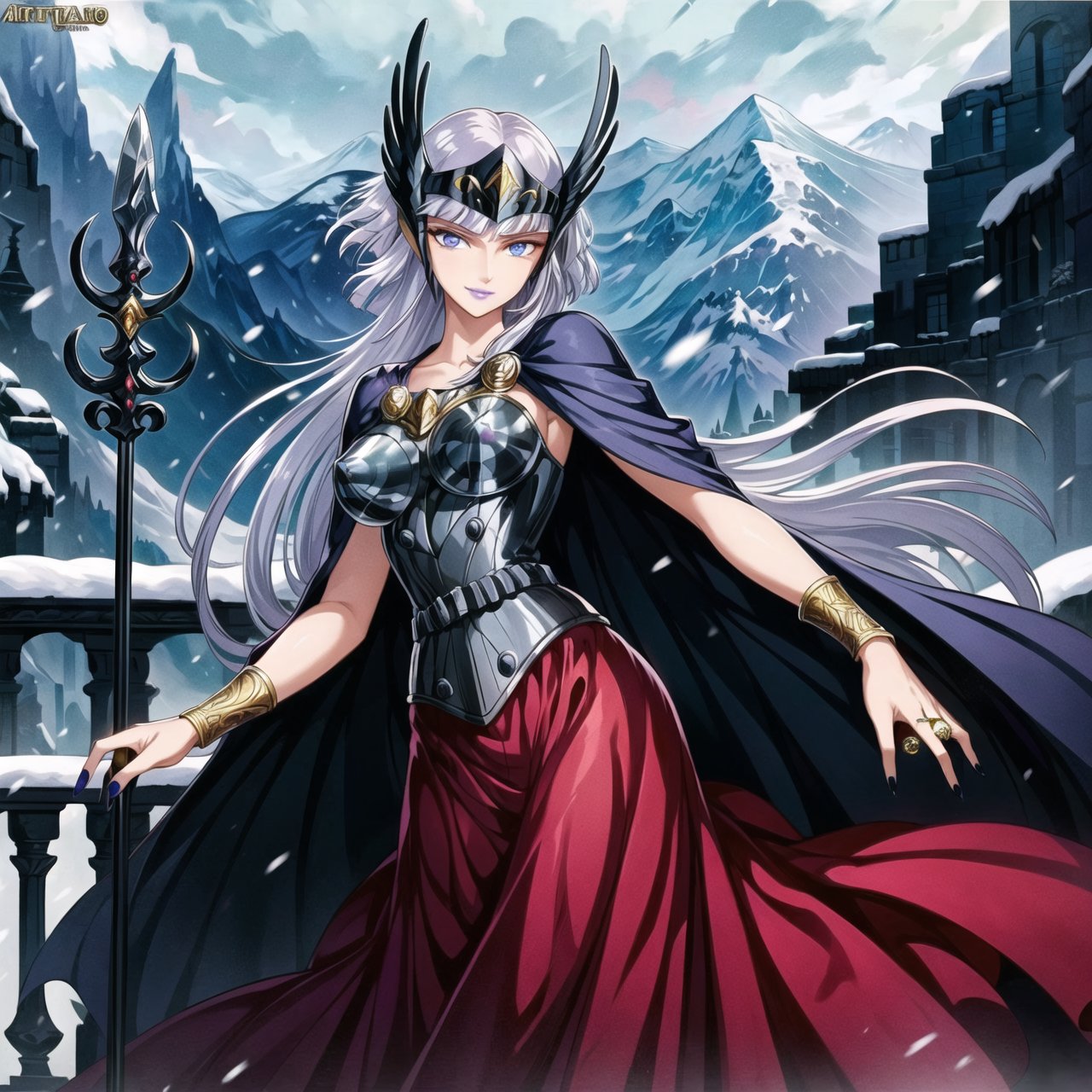 ((best quality)), ((highly detailed)), masterpiece, ((official art)), (cowboy shot), hilda, white hair, long hair, blue eyes, makeup, (smile:1.2),(closed mouth),(lips), purple lips, lipstick,pose, sparkle, rose, polearm, staff, spear, blue rose,cape, armor, bracelet, ring, glowing, lipstick, purple nails, jewelry, long skirt, red skirt,dress, helmet,  valkyrie ,best quality, masterpiece, intricate details, scenary, indoors, balcony  castle , ice, mountain, snow, falling_snow, trending on Artstation