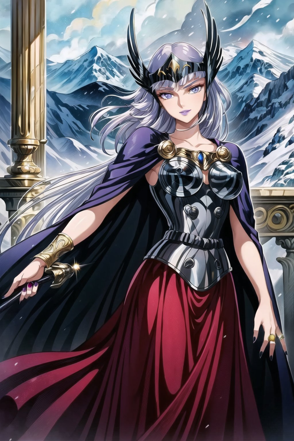 ((best quality)), ((highly detailed)), masterpiece, ((official art)), (cowboy shot), hilda, white hair, long hair, blue eyes, makeup, (smile:1.2),(closed mouth),(lips), purple lips, lipstick,pose, sparkle, rose, polearm, staff, spear, blue rose,cape, armor, bracelet, ring, glowing, lipstick, purple nails, jewelry, long skirt, red skirt,dress, helmet,  valkyrie ,best quality, masterpiece, intricate details, scenary, indoors, balcony  castle , ice, mountain, snow, falling_snow, trending on Artstation