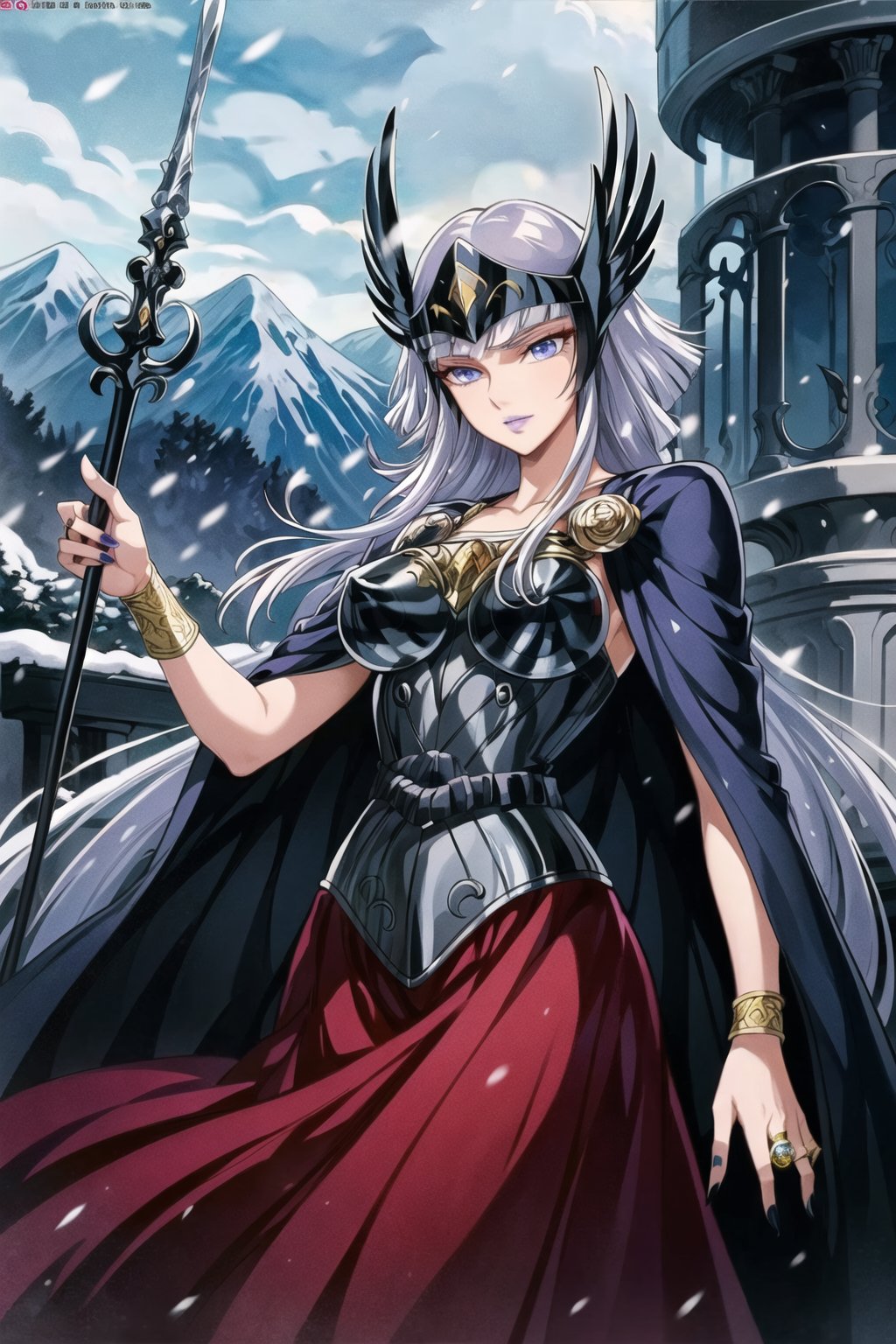 ((best quality)), ((highly detailed)), masterpiece, ((official art)), (cowboy shot), hilda, white hair, long hair, blue eyes, makeup, (seductive smile),(closed mouth),(lips:1.2), purple lips, lipstick,pose, sparkle, rose, polearm, staff, spear, blue rose,cape, armor, bracelet, ring, glowing, lipstick, purple nails, jewelry, long skirt, red skirt,dress, helmet,  valkyrie ,best quality, masterpiece, intricate details, scenary, indoors, balcony  castle , ice, mountain, snow, falling_snow, trending on Artstation