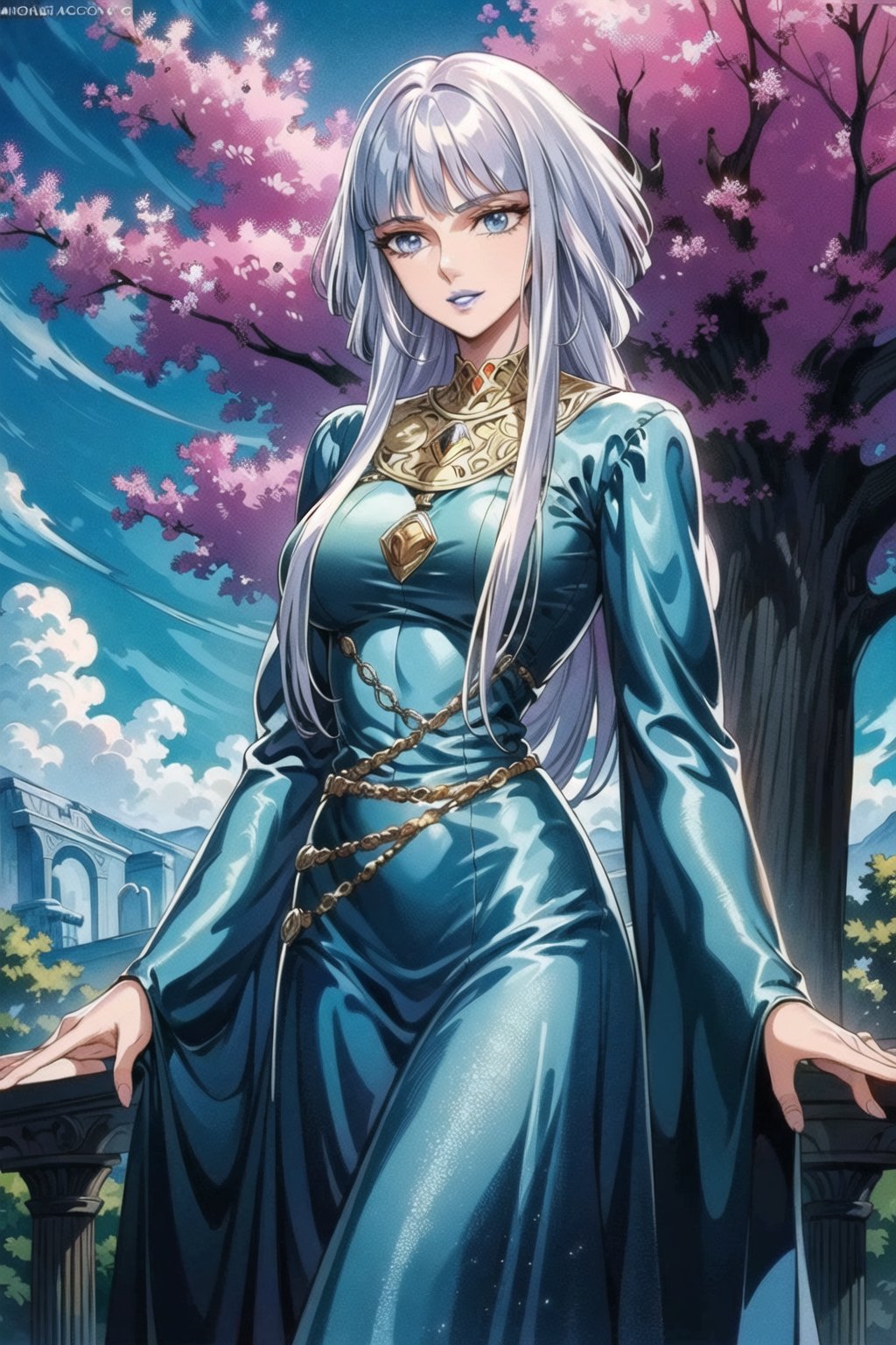 ((best quality)), ((highly detailed)), masterpiece, ((official art)), (cowboy shot), hilda, white hair, long hair, blue eyes, makeup, lipstick, smile, lips, blue lips, long sleeves, dress, jewelry, necklace, blue dress, long dress ,best quality, masterpiece, intricate details, scenary, outdoors, flower, tree, day, cloud, trending on Artstation