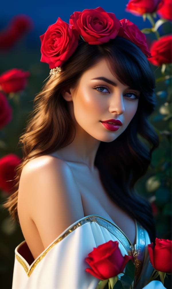 beautiful caucasian rose priestess,  in a field of roses under a moon light,  masterpiece by BooAImagery on Tensor.Art
