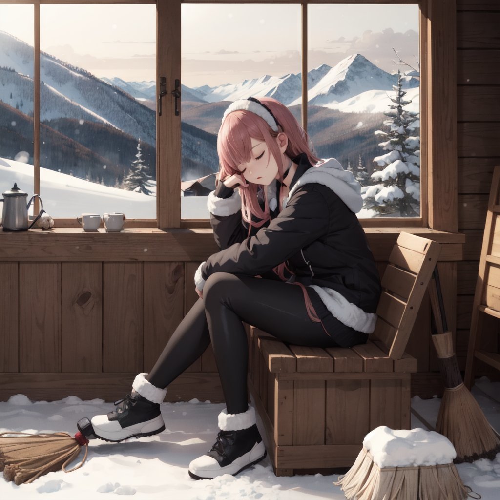 best quality, highly detailed, detailed background, full body, long hair, pink hair, dark maid outfit, leggings, holding broom, (sleepy:1.2), tired, leaning, choker, winter jacket, indoors, cabin, window, snowy mountain, low-angle view