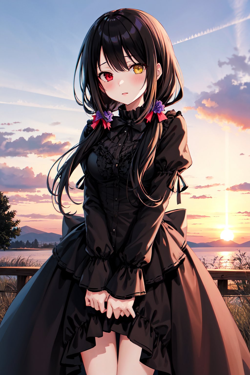 masterpiece, best quality, highres, 1girl, cckurumi, long hair, low twintails, hair flower, heterochromia, hair bow, gothic, black dress, ribbon, <lora:tokisaki_kurumi_v1:0.8>, standing, cowboy shot, outdoors, sunset