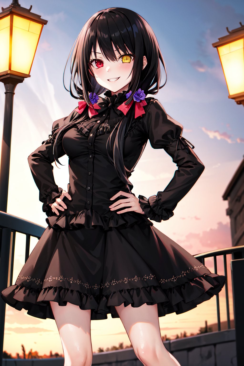 masterpiece, best quality, highres, 1girl, cckurumi, long hair, low twintails, hair flower, heterochromia, hair bow, gothic, black dress, ribbon, <lora:tokisaki_kurumi_v1:0.8>, hand on hip, evil grin, night