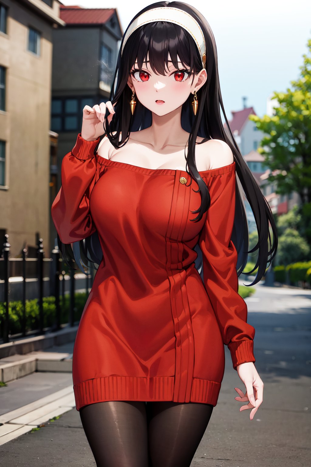 masterpiece, best quality, highres, bbyorf, long hair, white hairband, red eyes, gold earrings, large breasts, jewelry, off shoulder, red sweater, sweater dress, long sleeves, black pantyhose, <lora:yor_forger_v1:0.8>, cowboy shot, standing, outdoors