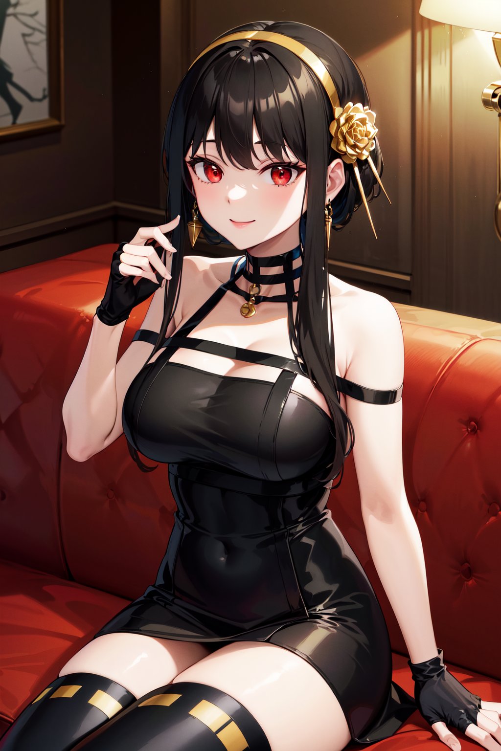 masterpiece, best quality, highres, aayorf, sidelocks, gold hairband, hair ornament, red eyes, gold earring, large breasts, choker, bare shoulders, black dress, two-sided dress, fingerless gloves, thigh boots, <lora:yor_forger_v1:0.8>, indoors, sitting, smile, sofa